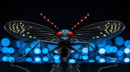 Wall Mural -  A mosquito, tightly focused, atop a black background Blue and red lights cast shadows in the distance