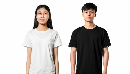Fototapete - Diverse Duo: Asian Girl and Man Sporting Stylish T-shirts for Customization and Mock Up Advertising