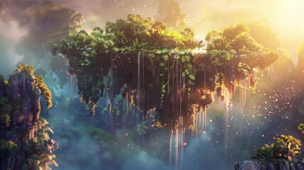 Wall Mural - Capture a low-angle view of a whimsical floating island, bathed in a soft, ethereal glow, with cascading waterfalls and surreal flora enveloping the scene