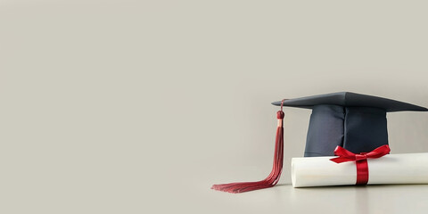 Graduation cap and diploma mortar hat. University graduate show diploma certificate . Copy space blue background blue web banner.