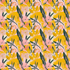 Wall Mural - Abstract floral print, in yellow and pink tones, pattern. Illustration for wallpapers, textile, wrapping, poster, web and packaging