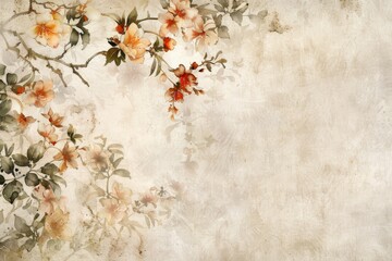Capture the essence of a side view vintage wallpaper by hand in watercolor, highlighting the delicate shades of aged sepia tones intertwined with faded floral motifs