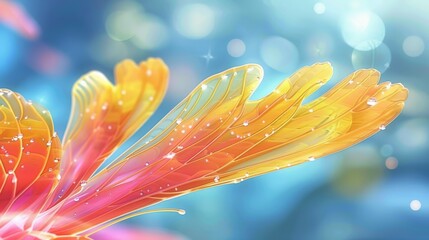 Wall Mural -  A tight shot of a vibrant flower, adorned with water droplets, against a softly blurred backdrop of blue, yellow, pink, and orange blossoms, their