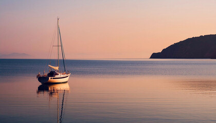 Wall Mural - Boat on calm sea alone with beautiful light.
