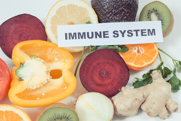 Wall Mural - Inscription immune system, fresh healthy fruits and vegetables containing vitamins. Immune boosting in times of Covid-19