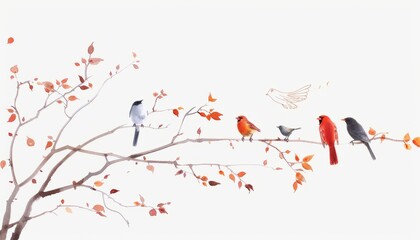 Wall Mural - Chirping Beauties: Captivating Birds Perched on Branches in a Postcard Design