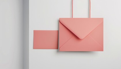 Fototapete - Fashionable Stationery Mockup: Blank Envelope and Card Template with Hanger Accessory on White Backg