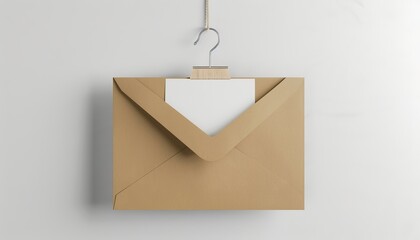 Fototapete - Fashionable Mockup: Blank Envelope and Card Template with Hanger Accessory on White Background