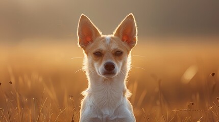 Wall Mural -  A small brown-and-white dog sits in a field of tall grass The sun shines on its back and behind its head, as it gazes at the camera