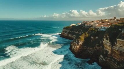 Azenhas do Mar, located in Sintra, Portugal, is a cliffside village with breathtaking views of the Atlantic Ocean. The sound of waves crashing below and the charming houses above create a serene and b