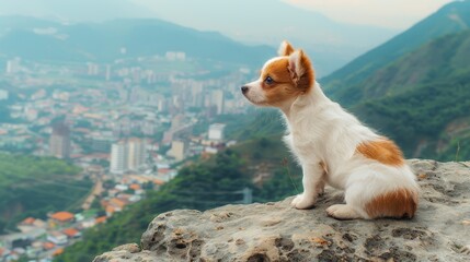 Wall Mural -  A small brown-and-white dog sits atop a rock, framing a lush green valley In the distance, a city nestles against a backdrop of towering mountain ranges