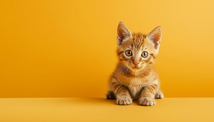 Wall Mural - A kitten is sitting on a yellow background