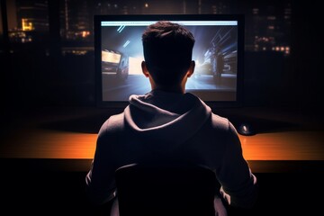 Poster - Back view of a man in front of bright computer working in the dark finishing work at midnight