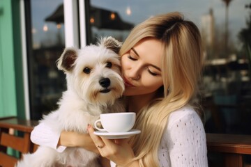 Poster - Blonde female sitting at the coffeehouse patio with her pet. Wire haired jack russell terrier licking a cheek of his joyful woman outside of the coffee shop. Young woman and her dog playing outdoors. 