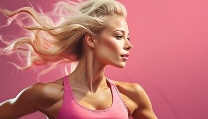 Wall Mural - portrait of a blonde woman runner wearing a pink top on pink background