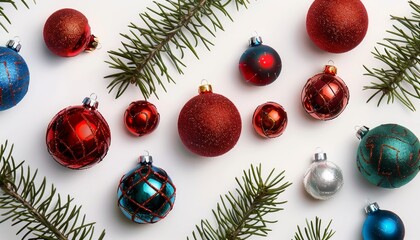Fototapete - Festive Holiday Display: Vibrant Christmas Baubles and Fir Branches on a White Background