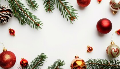 Fototapete - Festive Holiday Frame: Blank Copy Space with Christmas Decorations on White Background