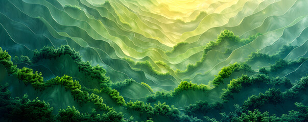 Wall Mural - abstract green background with waves landscape, organic green hills, valleys and forest bathed in the Sunlight, morning mist in the forest, banner, wallpaper and background 