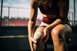 © alisaaa - Pain in knee on sports training! Above view of athletic woman holding her knee in pain on sports training in a health club