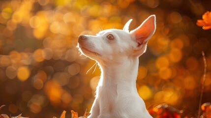 Wall Mural -  A small white dog sits atop a lush green field, bordering a forest ablaze with orange and yellow autumn leaves A solitary tree, bursting with orange foliage