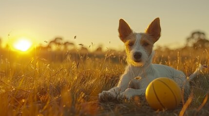 Wall Mural -  A dog lies in the grass, ball before him; sun sets in the background, foreground holds grass and trees