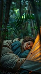 Wall Mural - A woman is sleeping in a tent in the woods