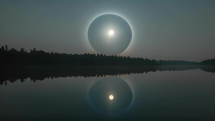 Poster - The moons halo is reflected in a calm lake creating a mesmerizing double ring effect.