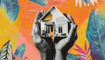 Fototapete - Cheerful Young People Holding a Miniature House: A Collage Artwork