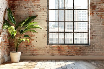 Wall Mural - Modern loft interior with spacious room, large window, brick wall, and plant in urban design