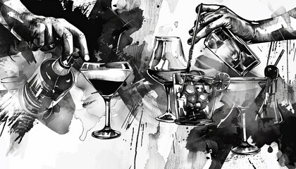 Fototapete - Monochrome Madness: A Stylish Collage of Creative Illustrations in Black and White