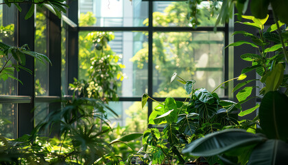 Sticker - A lush green plant is growing in a window sill