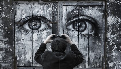 Fototapete - Exploring the Unknown: A Black and White Collage of a Man with Binoculars Inside a Painted Building