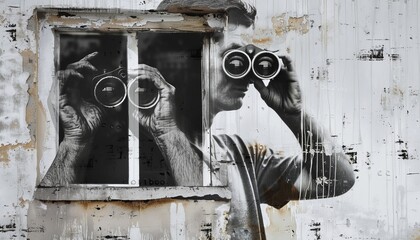 Fototapete - Exploring Curiosity: Black and White Guy Peering through Binoculars in Painted Building Window Colla