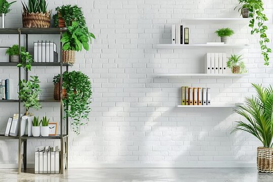 Office bookcase with plants and folders over white wall, empty space. generative ai.
