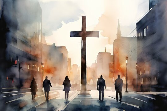 Cross in the city with silhouettes of people. Religious concept. Digital watercolor painting.