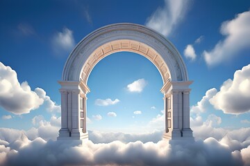 Gates of Heaven. 3d illustration of an archway in the sky with white clouds.