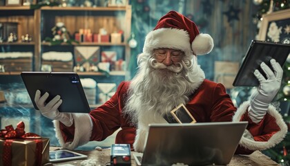 Fototapete - Santa Claus Embraces Technology: A Festive Collage of Tablets and Laptops at the Workshop Table