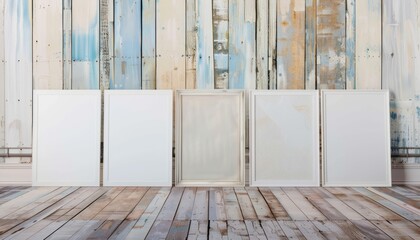 Fototapete - Vintage Charm: A Collage of Seven White Frames on Weathered Wooden Panels Wall