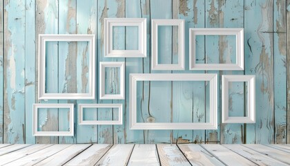 Fototapete - Vintage Charm: White Frame Collage Adorning Old Painted Wooden Panels Wall