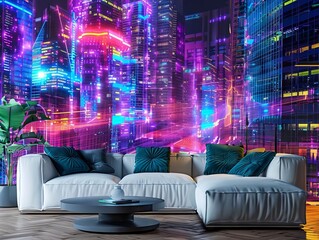 Wall Mural - Cyberpunk cityscape wallpaper, neon lights and futuristic buildings in vivid colors, a dynamic and edgy feel, great for a gaming room or modern office space