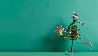 Fototapete - Whimsical Holiday Rush: Headless Runner Christmas Tree in a Festive Frenzy on Green Background