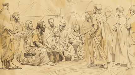 Biblical Illustration of Healing of Gerasene Demoniac, Freed Man Sitting Calmly at Jesus Feet, Townspeople Amazed, Beige Background, Copyspace