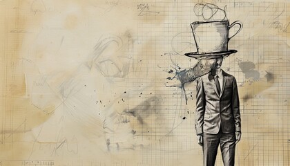 Fototapete - Focused Man Balancing Cup on Head: A Unique Collage Creation