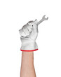 © valiantsin - Isolated spanner in hand on white background. Glove for work safety in industrial construction. Closeup of human arm holding tool. Man s hand, protection and hygiene concept., transparent background