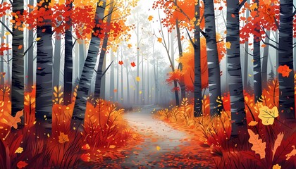 Design a flat style autumn forest with a walking path covered in leaves