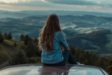 Canvas Print - Serene young woman in a denim jacket sits on her car hood, overlooking a scenic valley as the sun sets behind hills