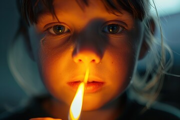 Poster - Close-up of a child with a bright flame from a struck match