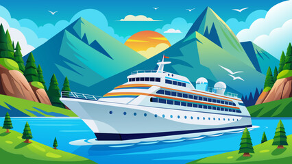 Wall Mural - Majestic Cruise Ship Sailing Through Scenic Mountain Landscape at Sunset