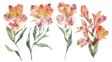 Wall Mural - set of alstroemeria flowers clipart isolated on transparent background

