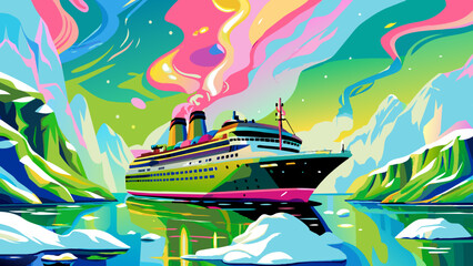 Wall Mural - Vibrant Cruise Ship Journey through Surreal Northern Lights and Icebergs
